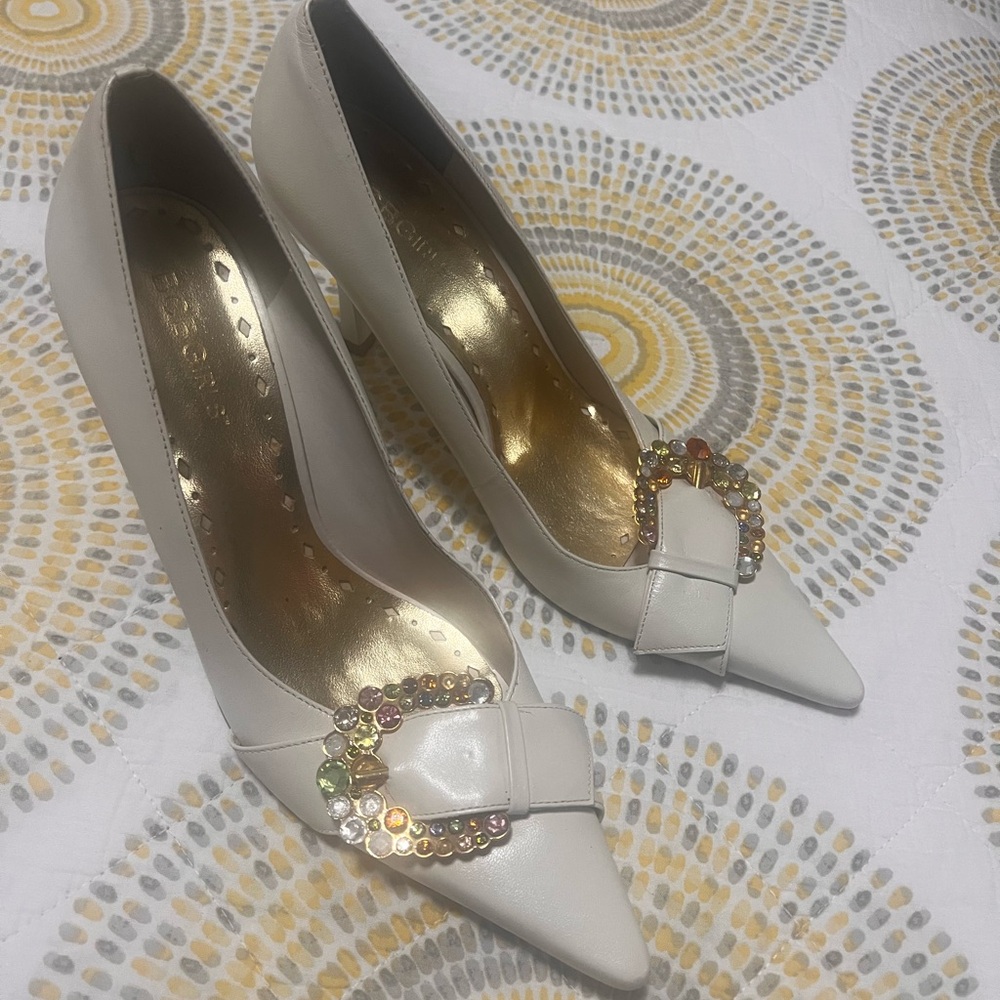 BCBGirls Cream Heels with Colorful Buckle size 8